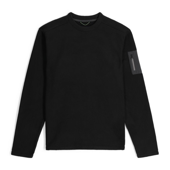 Front view of men's breathable fleece pullover with thumb loops, ideal for hiking