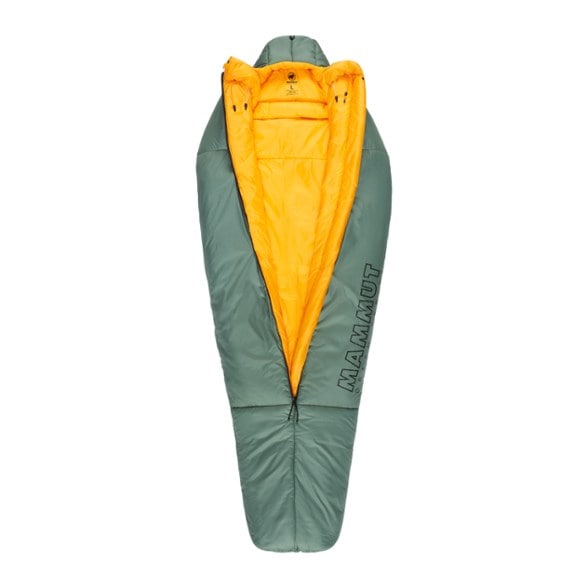 Front view of Mammut 5 degree sleeping bag with insulated hood zipped up, shown in forest setting