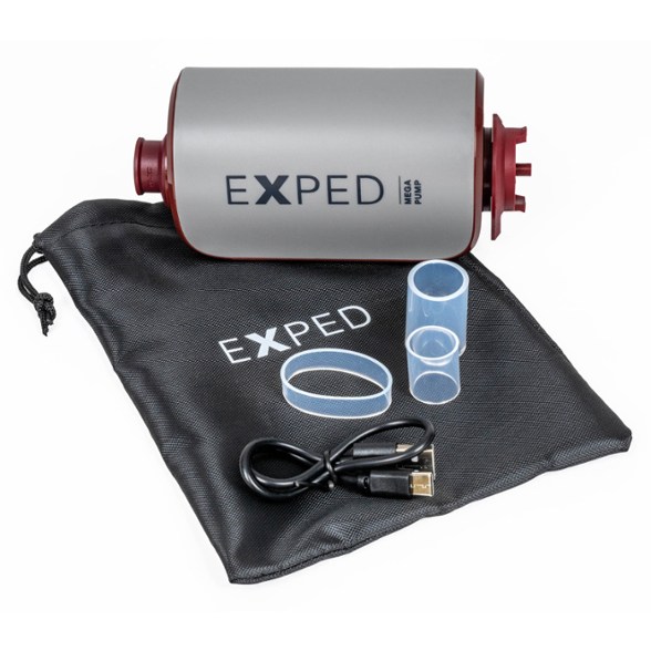 Exped Mega Pump Pro in use, quickly inflating a sleeping pad at sunset.