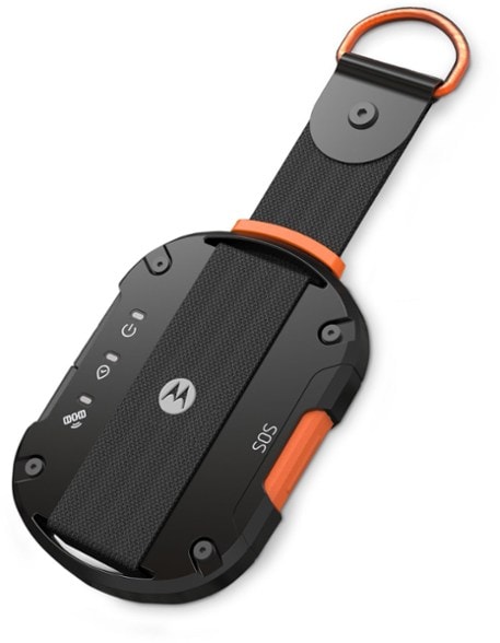Motorola Defy Satellite Communicator on a hiking trail, highlighting its lightweight design and usability in outdoor environments.