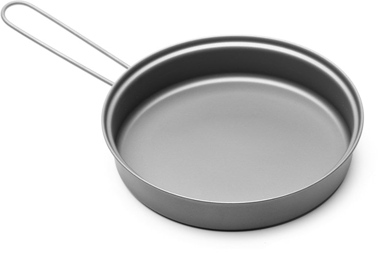Top view of lightweight titanium frying pan with foldable handle ideal for backpacking