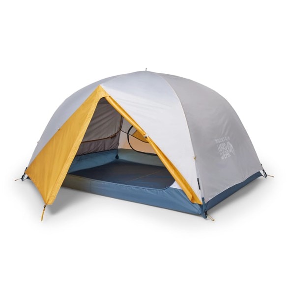 Overhead view of the Stargazer 3P camping tent set up in a forest clearing with footprint extended
