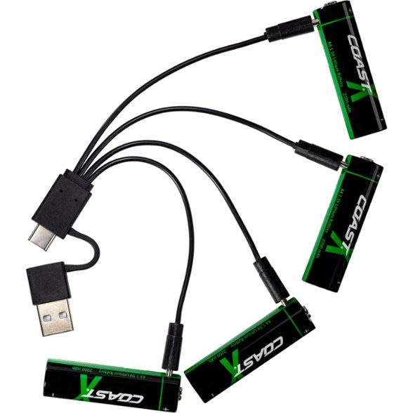 Close-up of Coast Zithion-X Pro USB-C rechargeable AA battery showing fast charging port