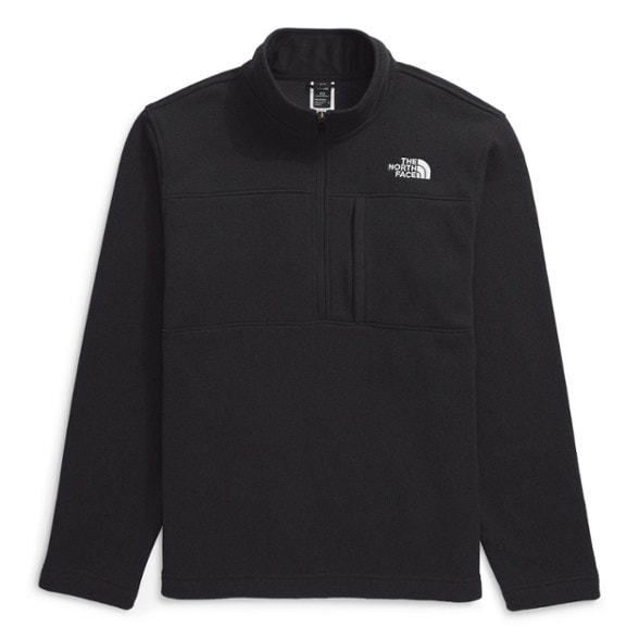 Men's quarter zip fleece pullover shown in a casual outdoor setting.
