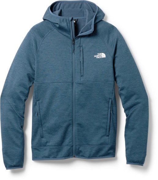Front view of men's fleece hoodie in cedar gray showing full zipper and fitted hood