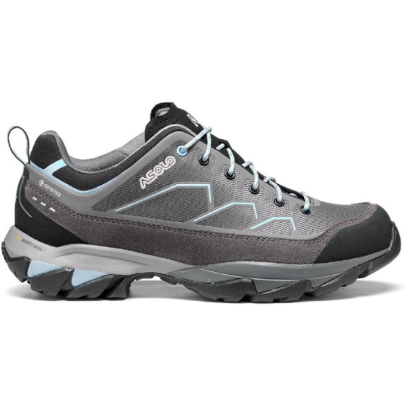 Asolo Acadia GTX women's hiking shoes on a hiking trail, showcasing their grip and design.