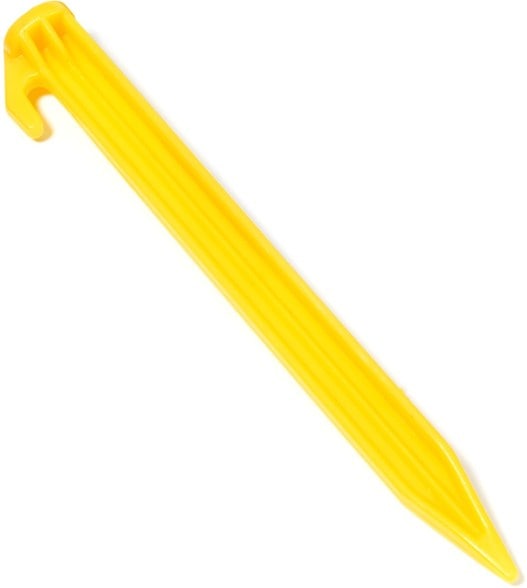 Close-up view of rugged 6-inch ABS tent pegs in use on a campsite.