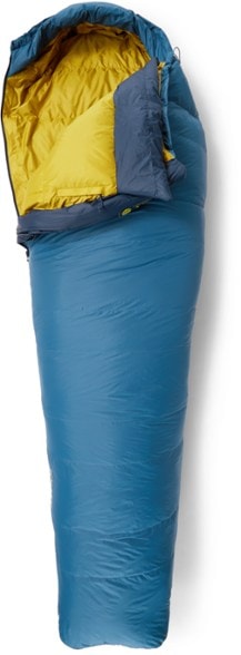 Kelty Cosmic 20 men's down sleeping bag fully unzipped showing trapezoidal baffle design and durable nylon shell