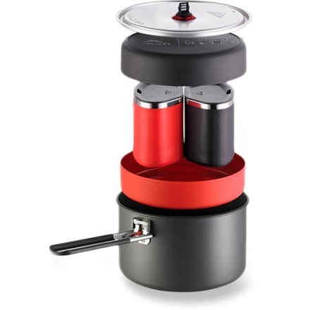 Lightweight camping cookset with strainer lid, perfect for outdoor cooking.