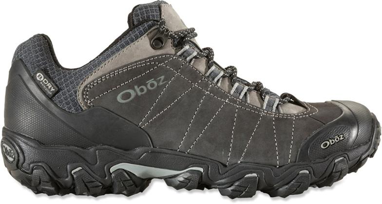 Oboz Bridger Low Waterproof Hiking Shoes viewed from the side, highlighting the waterproof nubuck leather and textile uppers.