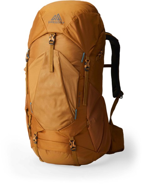 Side view of the Gregory TrailFit 45L showing mesh pockets and compression straps