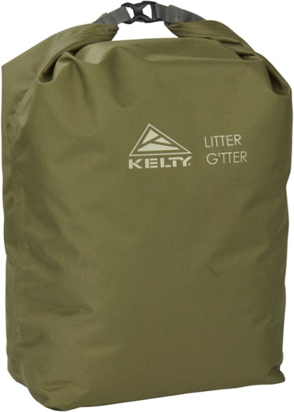 Eco-friendly camping waste container with roll-top closure, shown in a campsite setting.