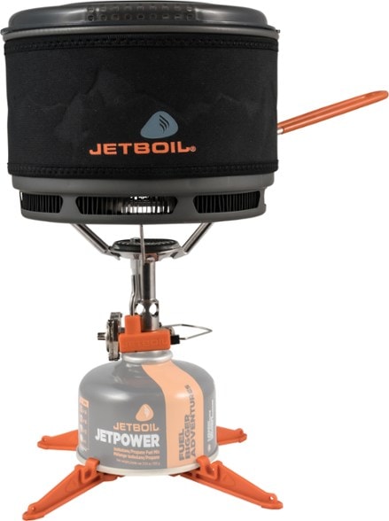 JetBoil 1.5L ceramic cooking pot with a strainer lid, perfect for camping.