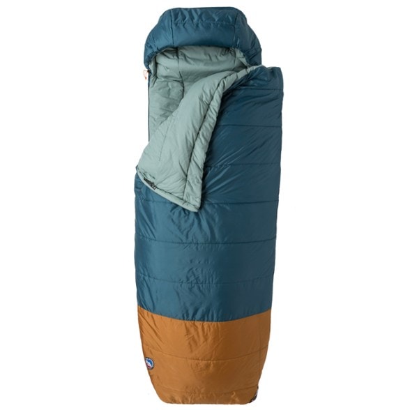 Big Agnes Echo Park 35 sleeping bag laid out in a campsite, showcasing its roomy design.