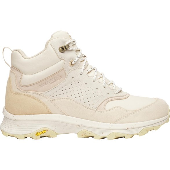 Side angle view of Merrell EcoGuard Mid showing waterproof suede and lace hooks.