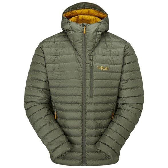 Rab Alpine Microlight Down Jacket showing the exterior fabric and design from the front.