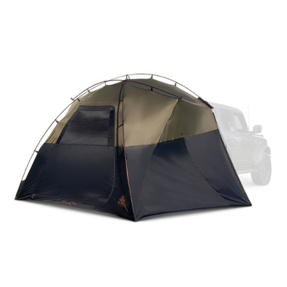 Kelty Highroads Vehicle Shelter set up next to a car, showcasing its spacious interior and stability.