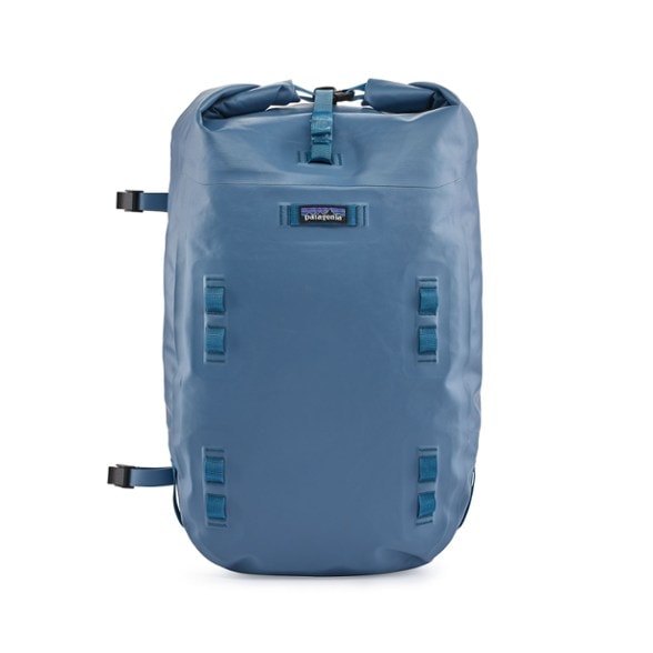 Patagonia 40-liter waterproof fishing backpack showcasing the roll-top closure and adjustable straps.
