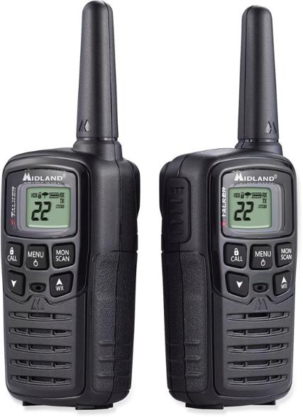 Midland T10 walkie talkies displayed in a hiking setting, showcasing their lightweight design.