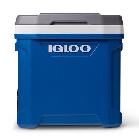 Igloo Latitude 60 portable wheeled cooler on a picnic table filled with drinks.