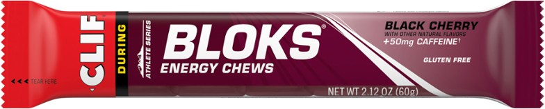 Clif Bloks Energy Chews Black Cherry flavor with caffeine, ideal for endurance athletes.