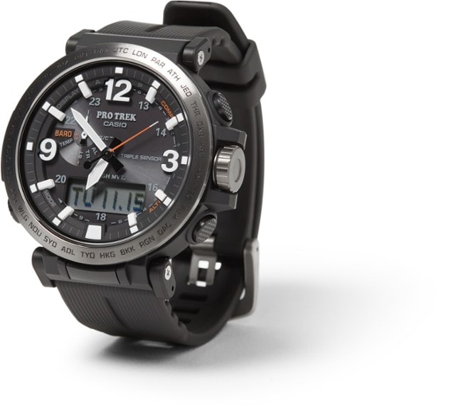 Eco-friendly analog multisport watch with altimeter, viewed from the side in a natural outdoor setting.