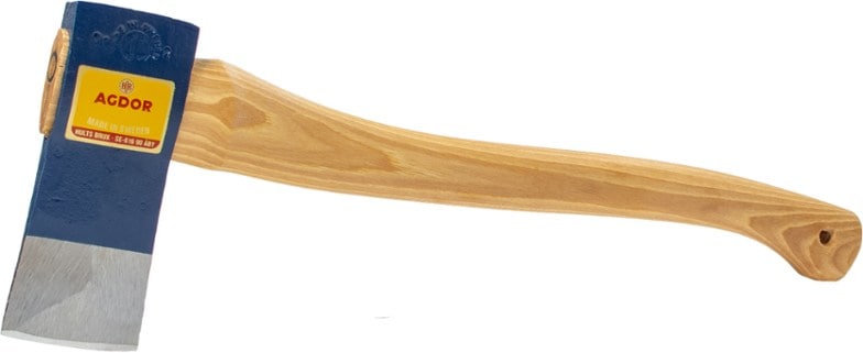 Agdor 20 camping splitting axe showing the sharp blade and hickory handle from a side angle.