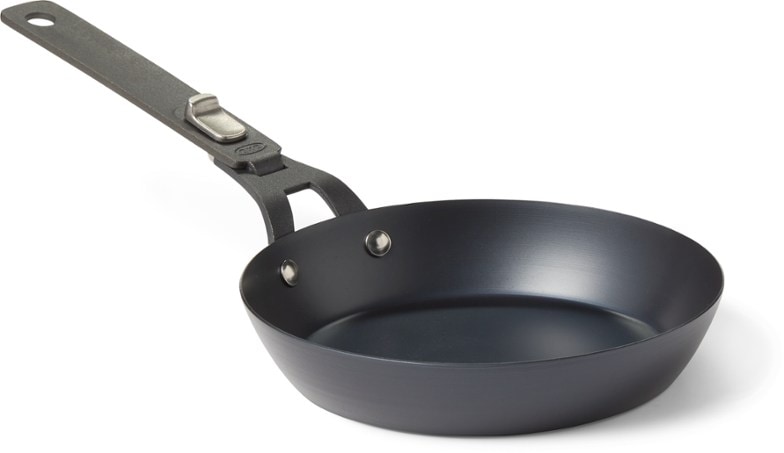 8-inch carbon steel frying pan with removable handle, ideal for camping cooking.