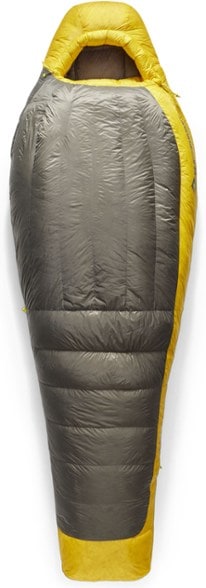 Side view of the Summit Spark 0F ultralight down sleeping bag showing its technical hood and zipper draft tube.