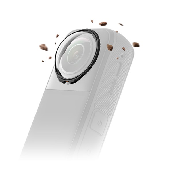 Close-up of Insta360 X5 lens guard showing tempered glass surface with multicoating