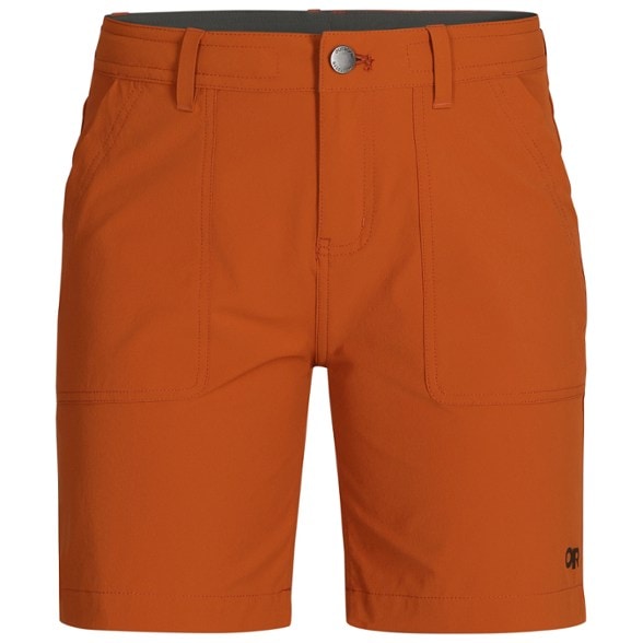 Front view of eco-friendly women's climbing shorts in action during a hike.