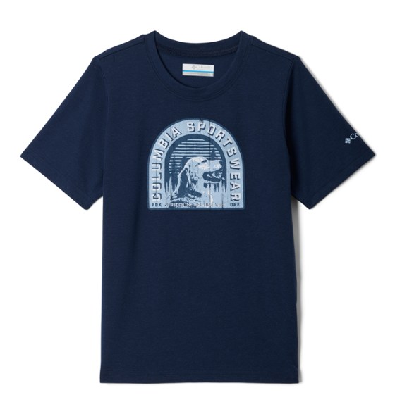 Columbia kids' adventure t-shirt in action during a hiking trip, highlighting its moisture-wicking capability.