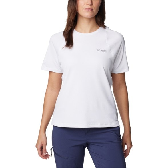 Summit Valley Women's Hiking Crew Shirt showcasing moisture-wicking technology in outdoor setting.