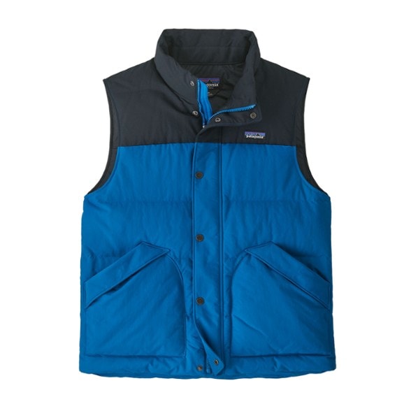 Patagonia Men's Downdrift Vest displayed outdoors, highlighting its insulated features for cold weather.