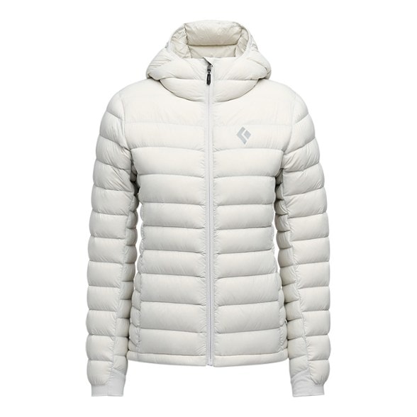 Front view of the Summit Goose Down Hoodie for Women, showcasing the protective hood and stylish design.