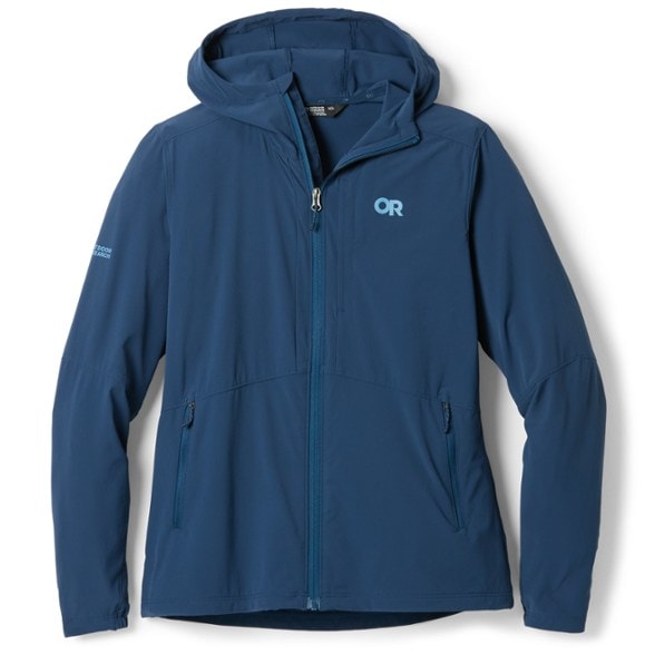 Front view of the women's lightweight hiking hoodie in action on a trail.