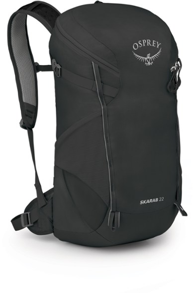 Osprey Skarab 22 hydration pack front view showcasing the reservoir and shoulder straps.