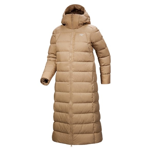 Front view of the Arc'teryx Thorium Long Women's Down Parka, highlighting its sleek design and functional features.