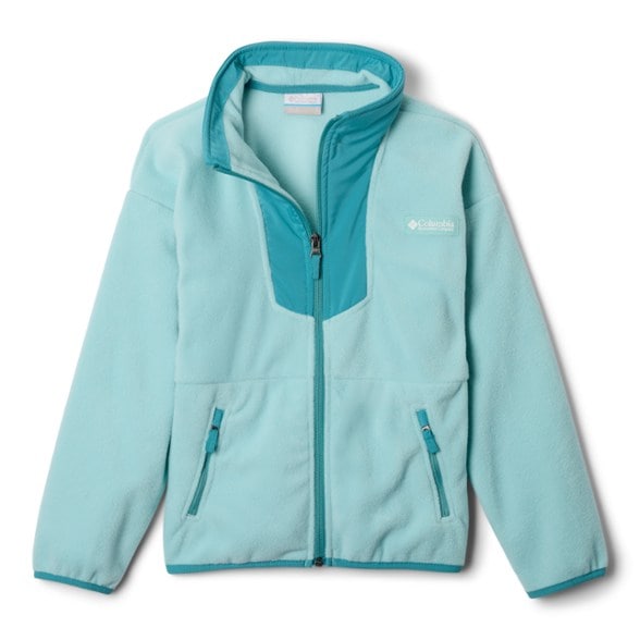 Front view of warm fleece jacket kids wear, featuring full zip and zippered pockets