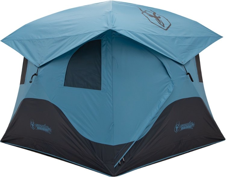 Front view of Gazelle T4 Hub 4-person tent with open doors showing spacious interior and mesh windows