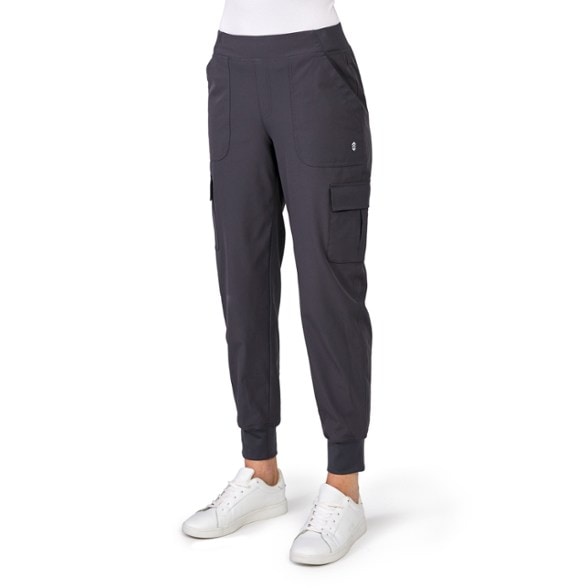 Front view of women's cargo joggers showcasing side pockets and stretch waistband