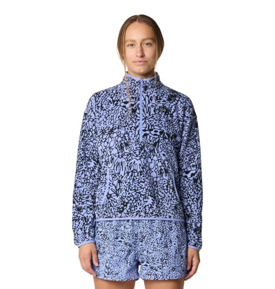 Front view of women's microfleece jacket with half-zip and kangaroo pocket, perfect for hiking