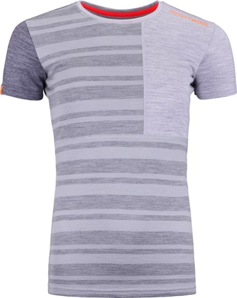 Front view of women's thermal shirt showcasing vibrant freeride styling and natural merino texture