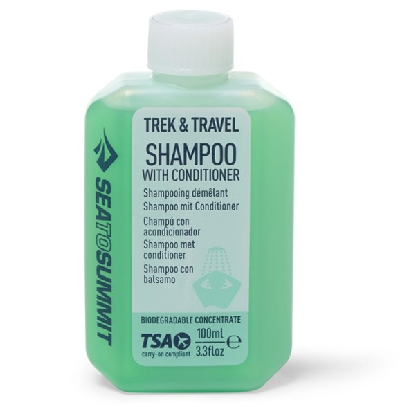 Eco Trek biodegradable shampoo & conditioner in leakproof container for travel and camping