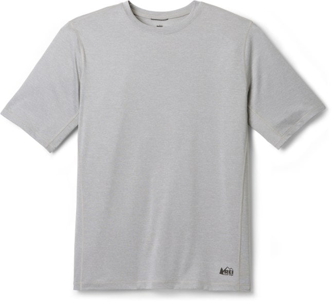 Front view of men's lightweight crew base layer top in blue, showing moisture wicking fabric