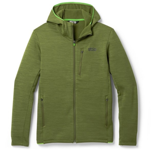 Front view of men's hiking hoodie showing zippered pockets and thumbholes