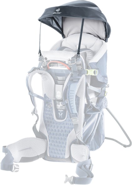Side view of ComfortShield sun roof attached to a Deuter Kid Comfort carrier, showing sleek fit and coverage