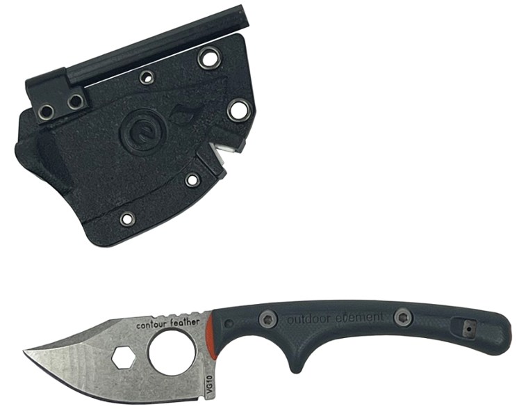 Contour FeatherPro survival knife with sharp VG-10 blade in sheath, showing compact size and ergonomic G10 handle