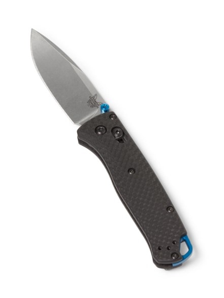 Benchmade Bugout knife showing carbon fiber handle and blue highlights