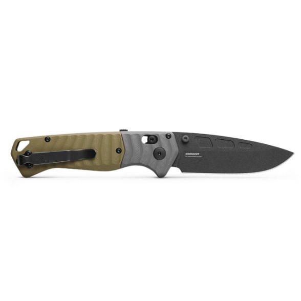 Close-up view of the Benchmade 593BK PSK blade highlighting its Cerakote finish.